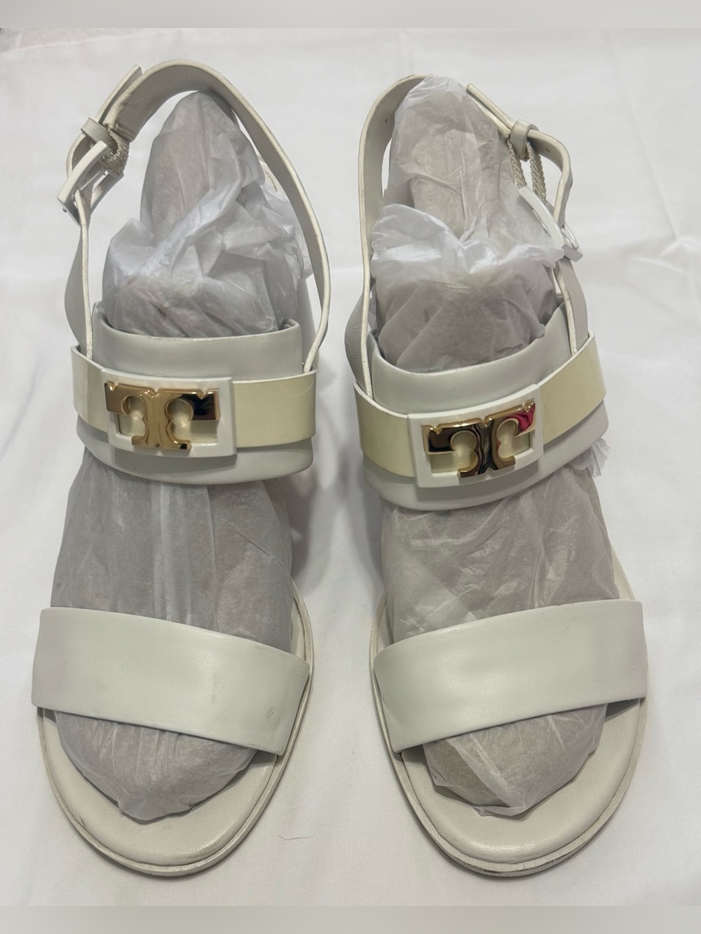 Tory Burch Signature logo Size 10.5 White Leather Slingback Sandals